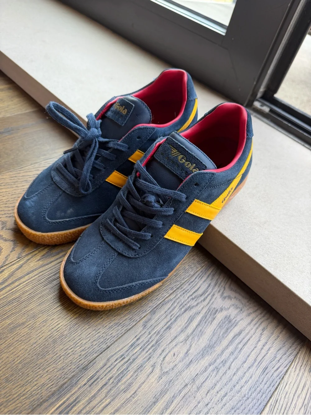 Gola Women’s Suede Sneakers in Navy with Yellow Stripes